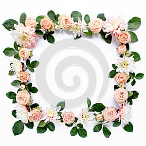 frame made of pink roses, green leaves eucalyptus, branches, floral pattern on white background. Flat lay, top view