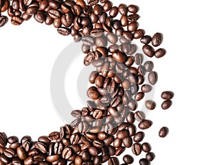 Frame made of roasted coffee beans on white background