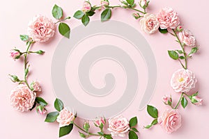 Frame made of rose flowers, petals and heart shaped confetti on light pink background. Floral composition