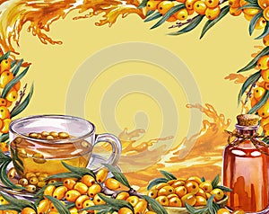 The frame is made of sea buckthorn. Sea buckthorn oil, tea. Watercolor illustration drawn by hand. On a yellow