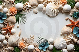 Frame made of seashells and palm leaves on white background, top view copy space