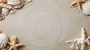 Frame made of seashells and starfishes on sand background. Sea shells on sand background. Top view with copy space