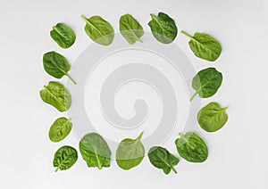 Frame made of spinach leaves on white background, top view.