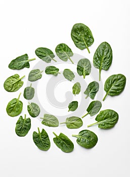 Frame made of spinach leaves on white background, top view.