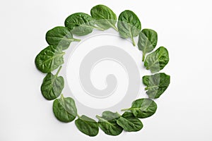 Frame made of spinach leaves on white, top view. Space for text