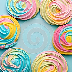 Frame made with tasty sugar candies on color background, top view. Space for text, party, candy bar, childhood, birthday concept