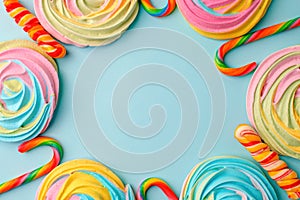 Frame made with tasty sugar candies on color background, top view. Space for text, party, candy bar, childhood, birthday concept