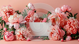 Frame made of tender peonies on pink background with white sheet of paper. Delicate flowers with green leaves. Women day