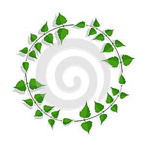 Frame made of thin birch twigs and green leaves. Floral ornament for design and decoration of invitations and posters. Round frame
