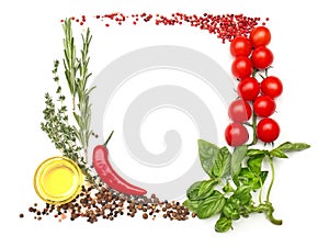 Frame made of tomatoes, spices and herbs on white background