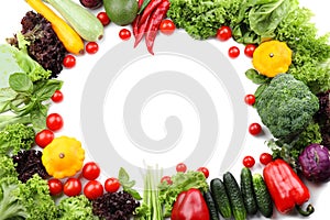 Frame made of various fresh vegetables on white background