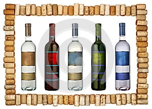 A frame made of Various Old Used corks plugs from various types of wine with bottles of wine with labels