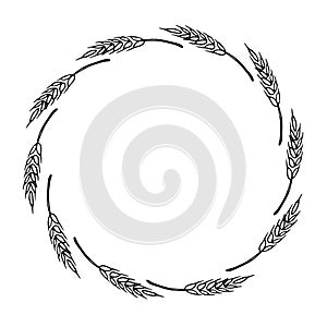 Frame made of wheat or rye ears. Vector autumn wreath hand drawn in Doodle style, black outline isolated on white background