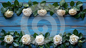 Frame made of white roses flowers and green leaves on a blue background