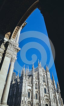 Frame of Milan, Italy`s majestic Duomo cathedral in the frame of Galleria Vittorio Emanuele II.