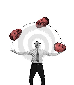 Comtemporary art collage. Creative design of man juggling heads isolated over white background. Choosing mood