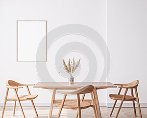 Frame mock up in bright interior dining room with wooden big table and wooden chairs on white wall