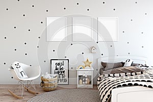 Frame mock up in child room interior. Interior scandinavian style. 3d rendering, 3d illustration