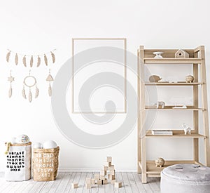 Frame mock up in farmhouse baby room, natural wooden furniture in nursery design