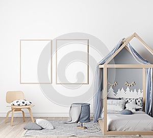 Frame mock up in kids bedroom, modern blue bed in bright interior, tow wooden frames on white wall background