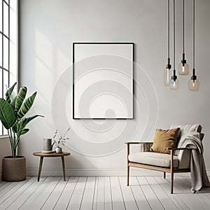 Frame mock up in living room design, white furniture on bright wall background