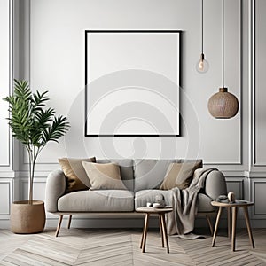 Frame mock up in living room design, white furniture on bright wall background