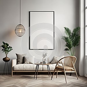 Frame mock up in living room design, white furniture on bright wall background