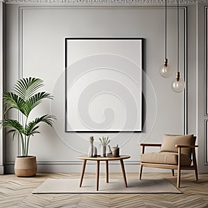 Frame mock up in living room design, white furniture on bright wall background