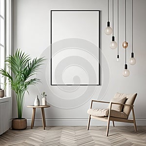 Frame mock up in living room design, white furniture on bright wall background