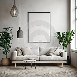 Frame mock up in living room design, white furniture on bright wall background