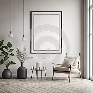 Frame mock up in living room design, white furniture on bright wall background