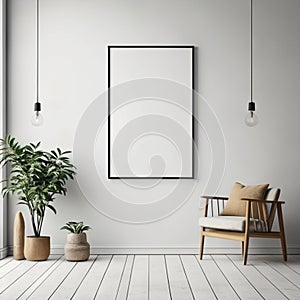 Frame mock up in living room design, white furniture on bright wall background