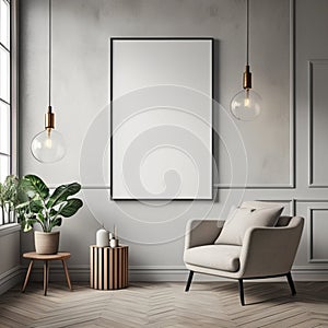 Frame mock up in living room design, white furniture on bright wall background