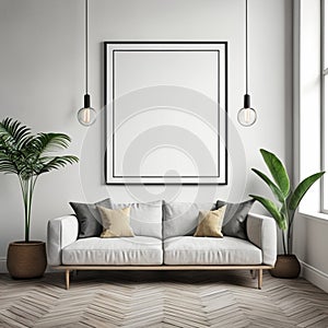 Frame mock up in living room design, white furniture on bright wall background