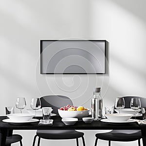 Frame mock up in modern dining room interior with black table and chairs and white wall with sunbeams, concrete floor, minimalist