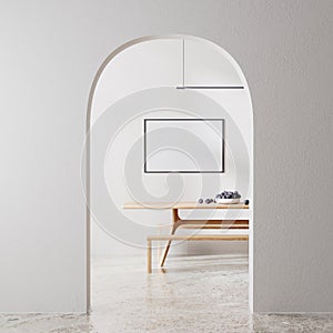 Frame mock up in modern room interior in white color with arch, wooden table, 3d rendering.