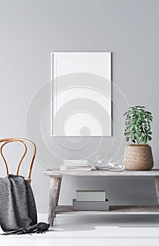 Frame mock up in Scandinavian entrance hall design with wooden bench and green plant