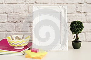 Frame Mock up. White Frame mockup. Styled Stock Photography. Notebooks, Bonsai Plant. Template Product Mock-up. Empty Frame