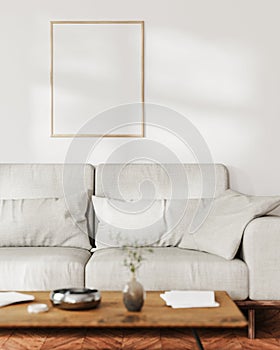 frame mock up on white wall with sunlight in living room interior with gray sofa and coffee table with decor, 3d