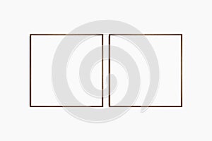 Frame mockup 1:1 square. Set of two thin dark walnut wood frames. Clean, modern, minimalist, bright gallery wall mockup, set of 2