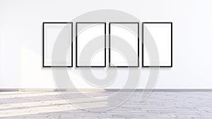 Frame mockup with 4 frames for gallery wall on an empty white wall, 3d rendering.