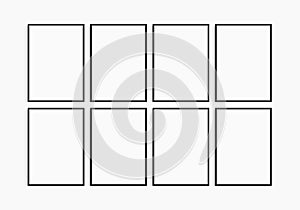 Frame mockup 5x7, 50x70, A4, A3, A2, A1. Set of eight thin black frames. Gallery wall mockup, set of 8 frames.