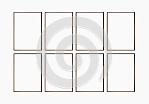 Frame mockup 5x7, 50x70, A4, A3, A2, A1. Set of eight thin dark brown walnut wood frames. Gallery wall mockup, set of 8 frames.