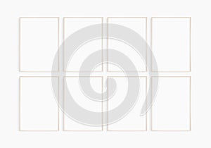 Frame mockup 5x7, 50x70, A4, A3, A2, A1. Set of eight thin light wood frames. Gallery wall mockup, set of 8 frames. Clean, modern