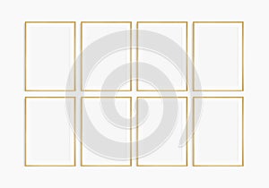 Frame mockup 5x7, 50x70, A4, A3, A2, A1. Set of eight thin oak wood frames. Gallery wall mockup, set of 8 frames. Clean, modern,