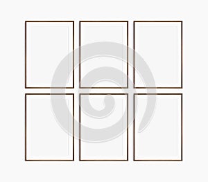 Frame mockup 5x7, 50x70, A4, A3, A2, A1. Set of six thin dark brown walnut wood frames. Gallery wall mockup, set of 6 frames.