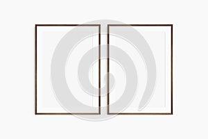 Frame mockup 5x7, 50x70, A4, A3, A2, A1. Set of two thin dark brown walnut wood frames. Gallery wall mockup, set of 2 frames.