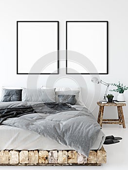 Frame mockup. Bedroom interior wall mockup. Wall art. 3d rendering, 3d illustration.