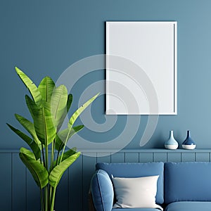 Frame mockup in blue living room, 3D rendering