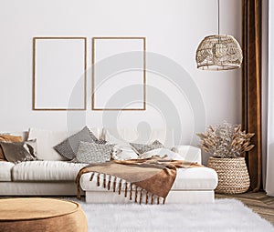 Frame mockup in bright living room design, white sofa in farmhouse boho interior style